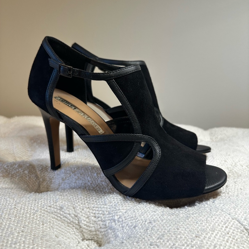 Audrey Brooke Black Suede Peep-Toe Heels